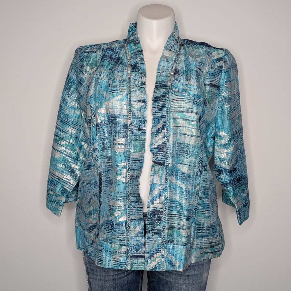Chicos Blue White Beaded Neckline Open Cover Up Linen Blend Cardigan XL